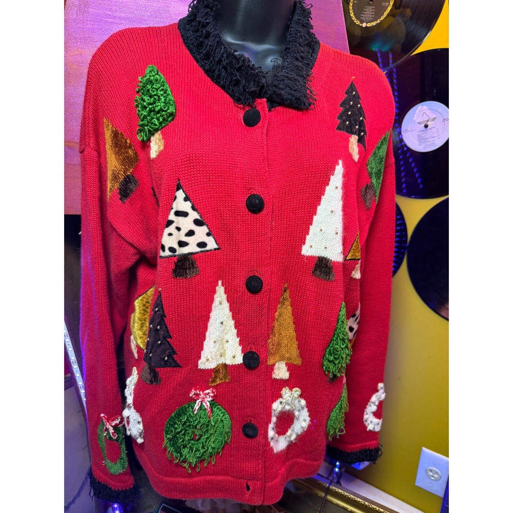 Vintage Derek Collective Works Red Christmas Tree Embellished Cardigan Sweater M